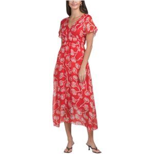 LE RAGAZZE Silk Blend Short Sleeve Floral Midi Dress